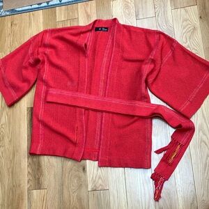 Hand woven women’s open sweater and belt